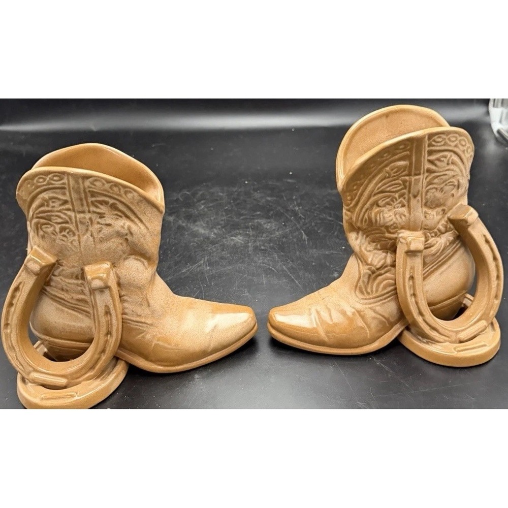 Vintage Frankoma Cowboy Boot Horseshoe Bookends Pair #133 Western Pottery